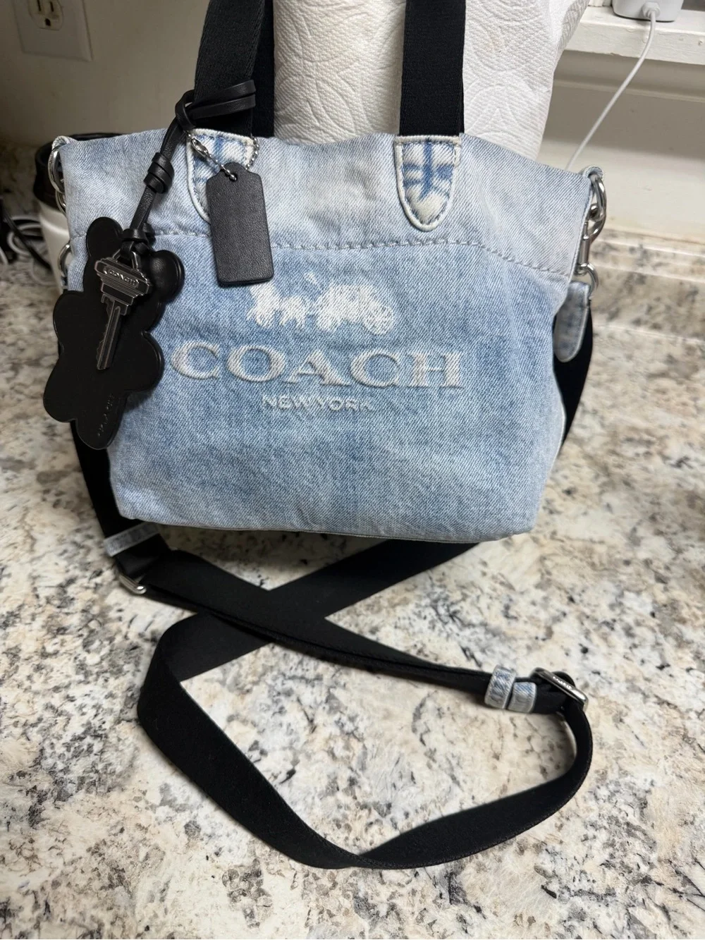 COACH Light Blue Denim Crossbody with Black Strap